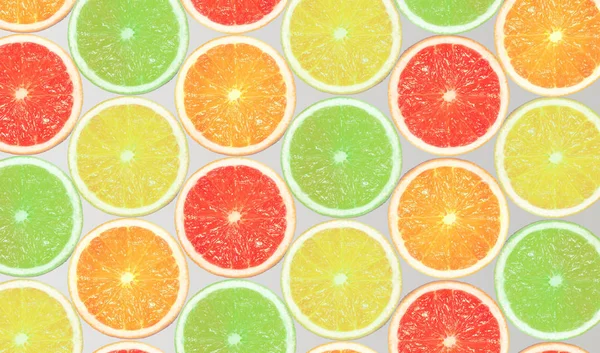 Wzór Wykonany Plasterki Pomarańczy Cytryny Grejpfruta Wapna Jasnym Tle Koncepcja — Zdjęcie stockowe