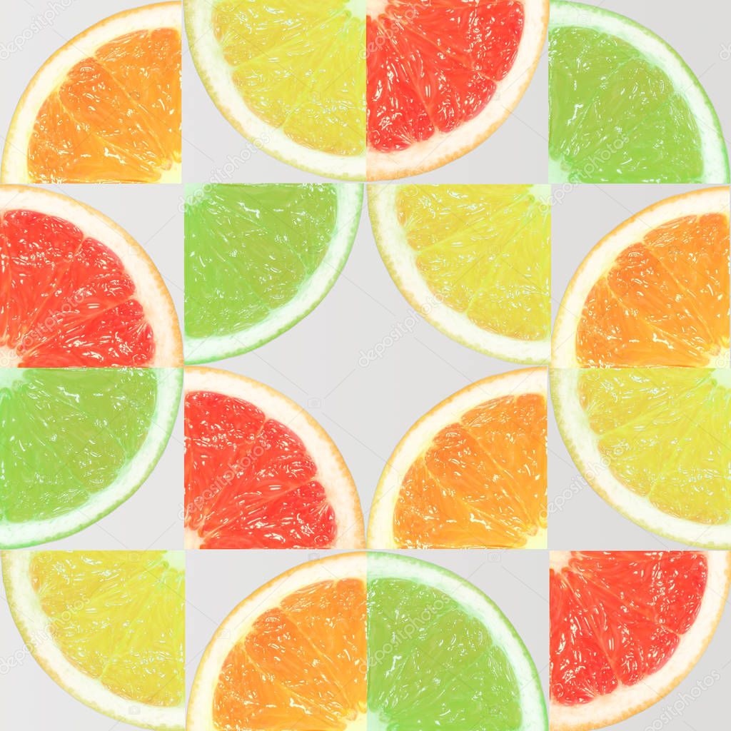 Slices of orange, lemon, grapefruit and lime on bright background. Minimal summer concept. Flat lay.