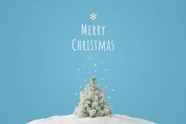 有雪树的创意布局和白雪与文字祝圣诞明亮的蓝色背景 最少的冬季自然假期场景 — 图库照片