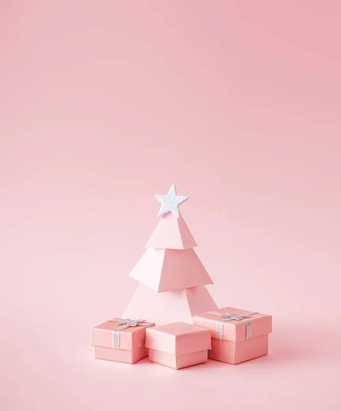 Toy Pink Christmas Tree Presents Pastel Background Happy Holidays New — Stock Photo, Image