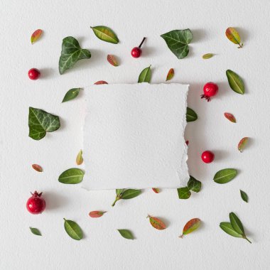 Creative layout pattern with green leaves and red berries with empty paper card note, Minimal spring concept.