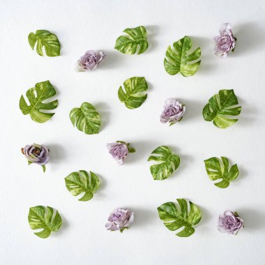 Tropical background pattern with monstera leaves and purple flowers. Minimal creative summer concept