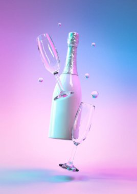 Creative design with realistic 3d festive bottle of champagne with glass on colorful ultraviolet holographic neon lights. Party concept 