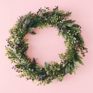 Christmas and New Year holiday pink background with wreath of green plants