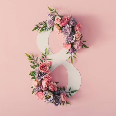 Flowers and leaves with number 8. Women day minimal concept