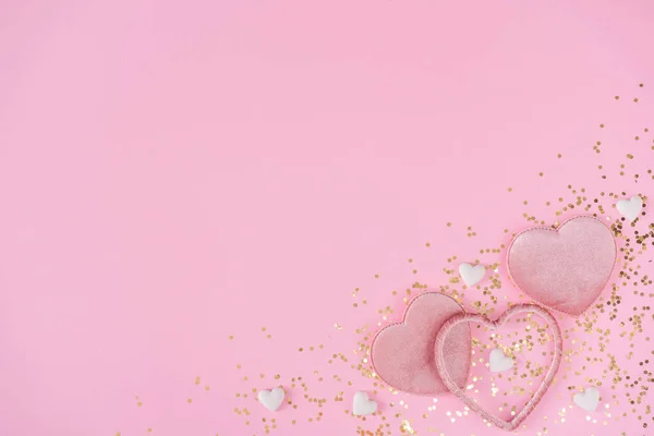 Творче Планування Рожевими Серцями Золотим Блиском Рожевому Тлі Концепція Мінімального — стокове фото