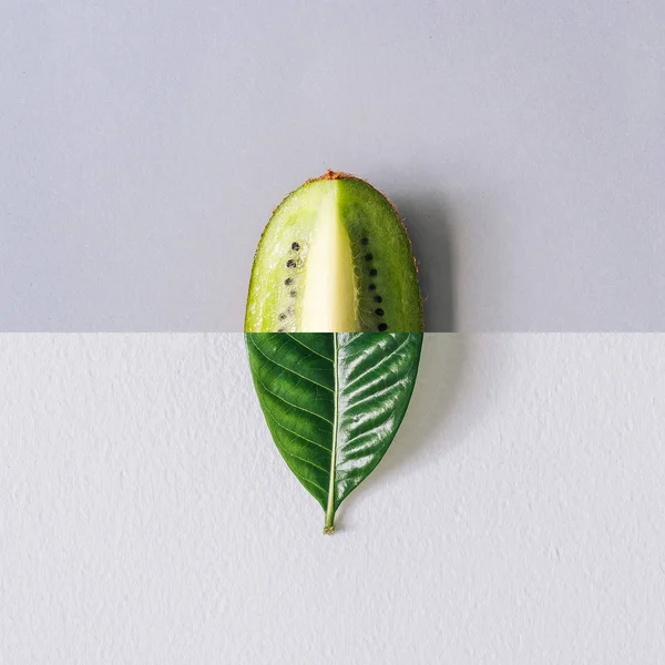 Minimal nature concept with green leaf and kiwi slice. Summer fruit background