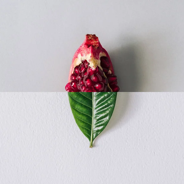Minimales Naturkonzept Mit Grünem Blatt Und Granatapfelscheibe Sommerfrucht Hintergrund — Stockfoto