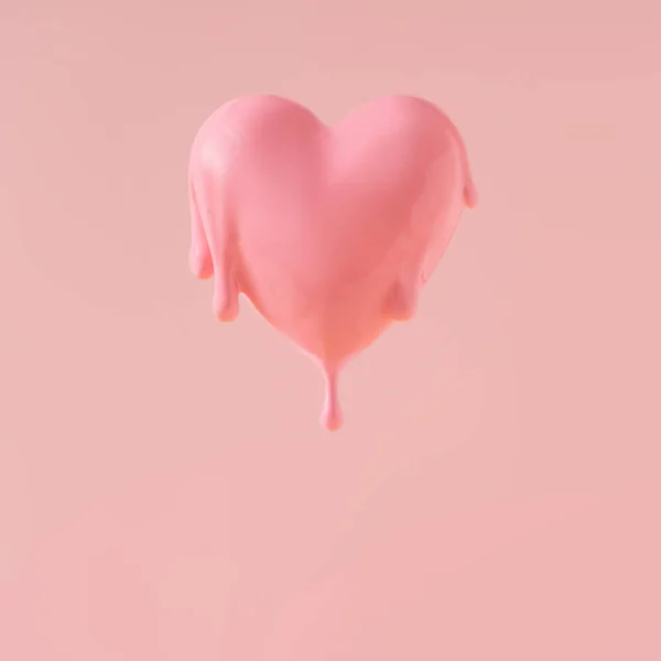 Balão Forma Coração Com Tinta Rosa Fluindo Fundo Pastel Conceito — Fotografia de Stock