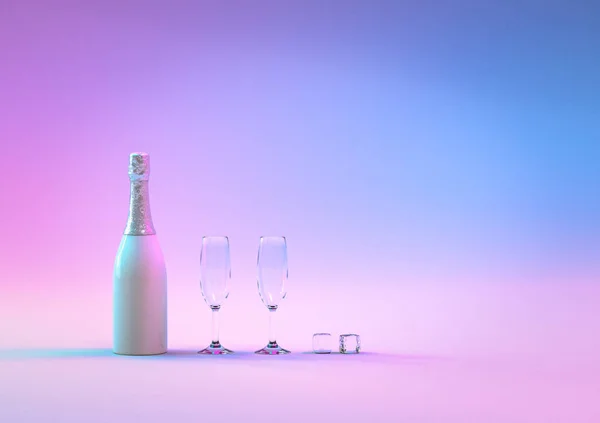 Creatief Design Met Realistische Feestelijke Fles Champagne Met Glas Kleurrijke — Stockfoto