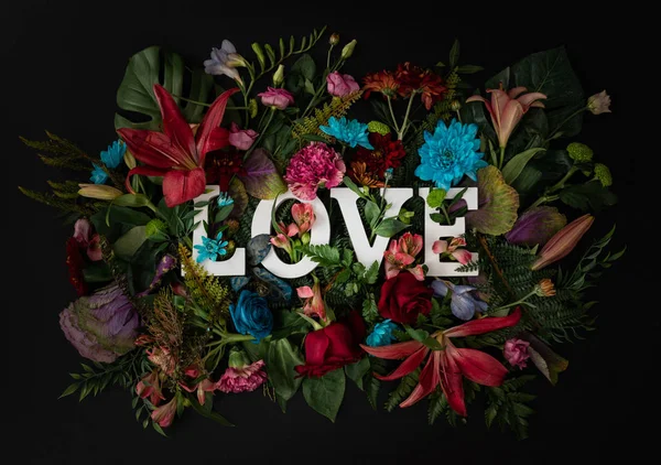 Layout Criativo Feito Flores Folhas Com Palavra Amor Fundo Colorido — Fotografia de Stock