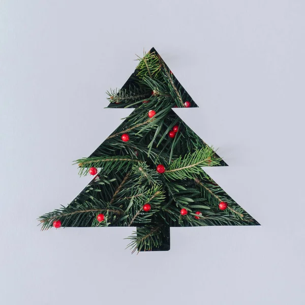 Christmas Tree Made Green Pine Branches White Paper Trendy Minimal — 图库照片