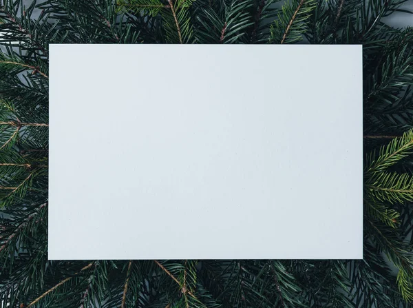 Přírodní Složení Větvemi Vánočních Stromků Papírovou Poznámkou Koncept Dovolené — Stock fotografie