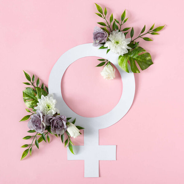 Female Gender Symbol Flowers Leaves Pink Background Women Day Spring — Stock Photo, Image
