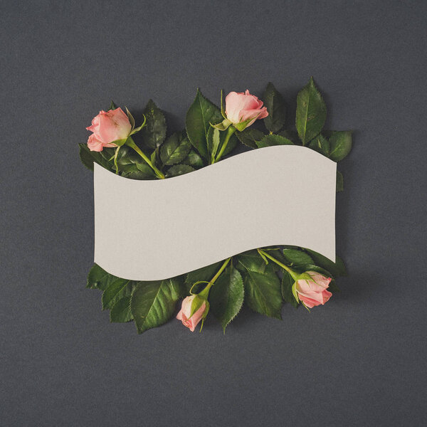 Paper Card Note Pastel Pink Rose Flowers Dark Gray Background — Stock Photo, Image