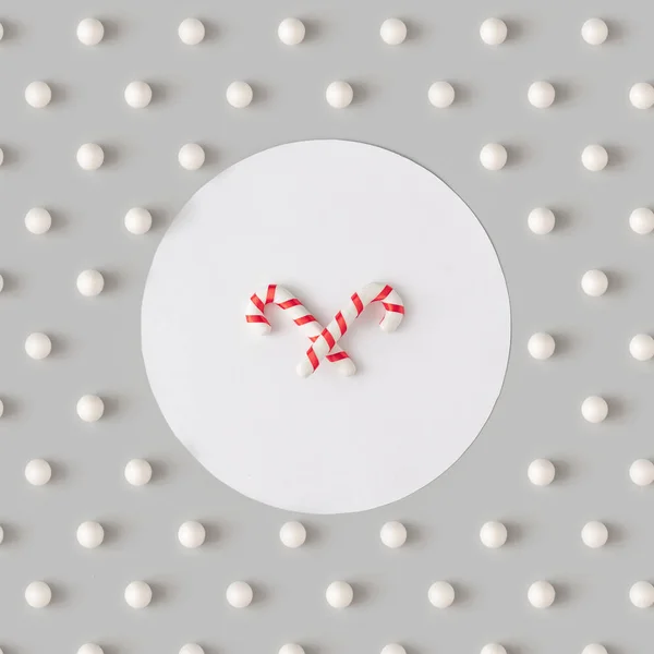 Christmas Pattern Candy Canes Snowballs Pastel Gray Background Minimal Holiday — Stockfoto