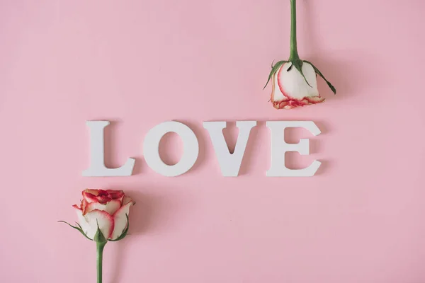 ピンクの背景に2つのバラと愛 自然の花の概念 極小バレンタインデー — ストック写真