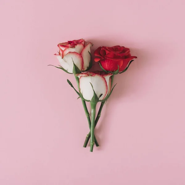 Rosas Rojas Blancas Sobre Fondo Rosa Arreglo Flores Naturaleza Mínima — Foto de Stock