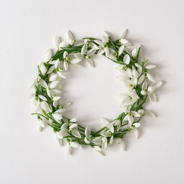 Δημιουργική Διάταξη Φτιαγμένη Λουλούδια Χιονιού Φωτεινό Φόντο Ελάχιστο Στεφάνι Αγάπης — Φωτογραφία Αρχείου