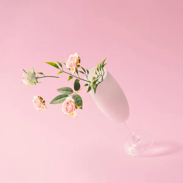 Champagne Glass Spring Flowers Pink Background Minimal Season Party Concept — Stock Photo, Image