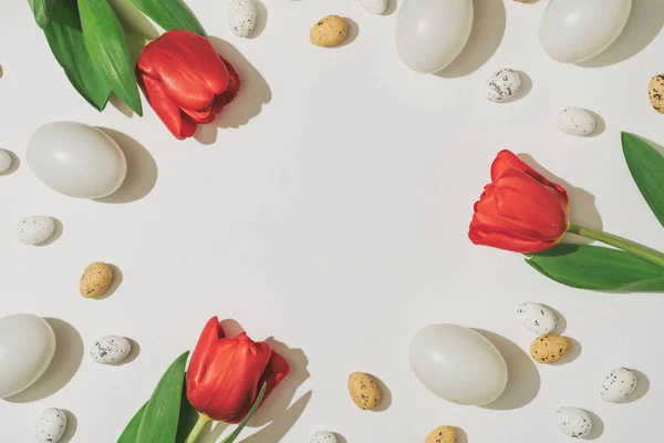 Composição Colocação Plana Criativa Com Ovos Páscoa Flores Primavera Iluminação — Fotografia de Stock
