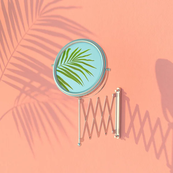 Kreatives Sommer Layout Aus Rosa Wand Spiegel Und Palmblättern Pastellfarben — Stockfoto