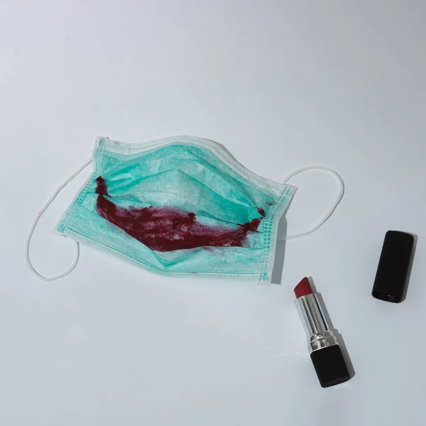 Face Mask Lipstick Clown Lips Corona Virus Pandemic Protection Covid — Stock Photo, Image