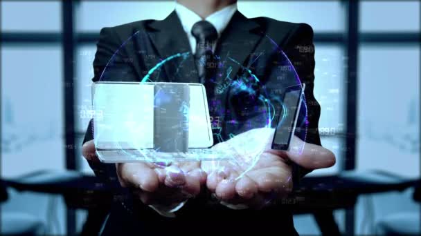 Технологии в руках бизнесмена 4К — стоковое видео