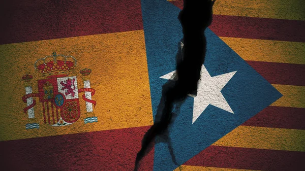 Іспанії Проти Каталонія Прапори Тріщинами Стіни — стокове фото