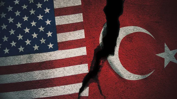 Сполучені Штати Проти Туреччини Прапори Тріщинами Стіни — стокове фото