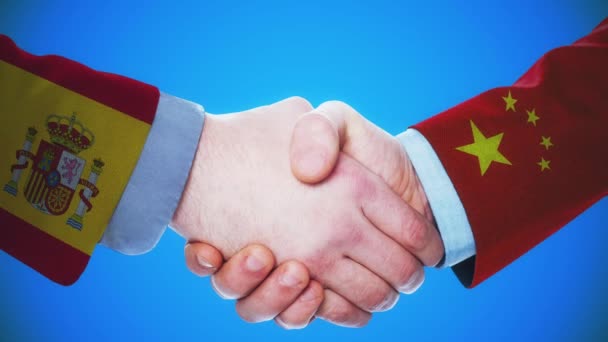 Hiszpania Chiny Handshake Koncepcja Animacja Krajach Polityka Matowy Kanał — Wideo stockowe