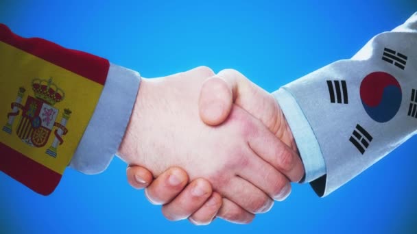 Spanien Sydkorea Handshake Concept Animation Länder Och Politik Med Matt — Stockvideo
