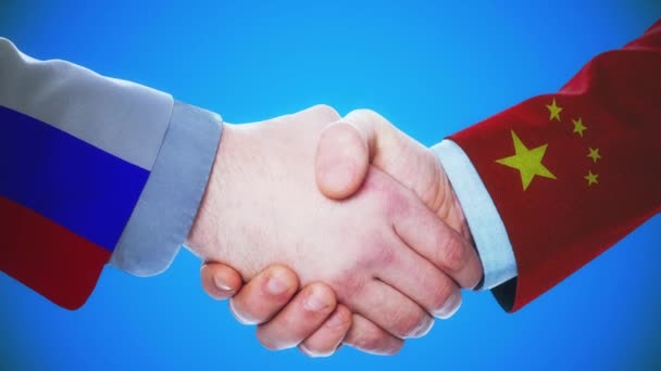 Росія Китай Рукостискання Концепція Анімація Про Країн Політики Матовою Канал — стокове відео