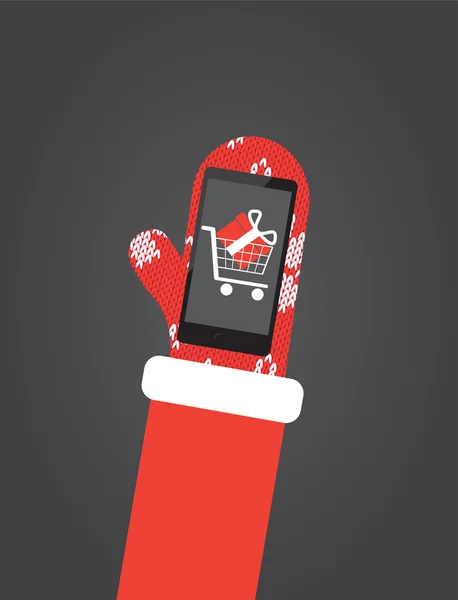 Noel Baba'nın elinde eldiven tutun app alışveriş ile smartphone — Stok Vektör