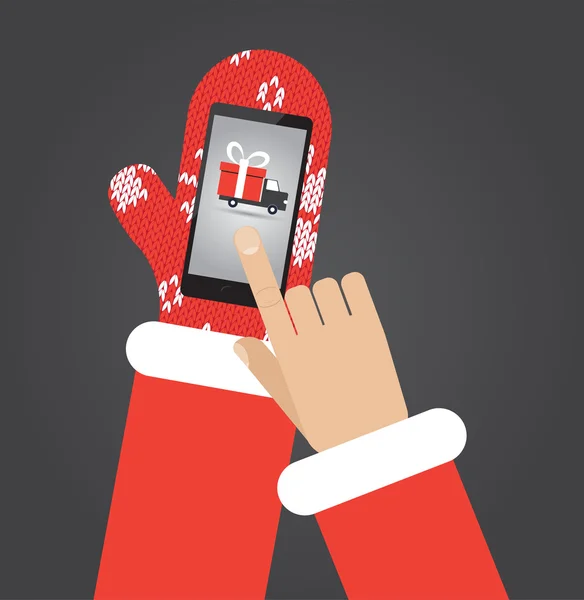 Mão do Papai Noel em luvas segurar smartphone com aplicativo de compras —  Vetores de Stock