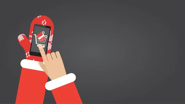 Mão do Papai Noel em luvas segurar smartphone com aplicativo de compras —  Vetores de Stock