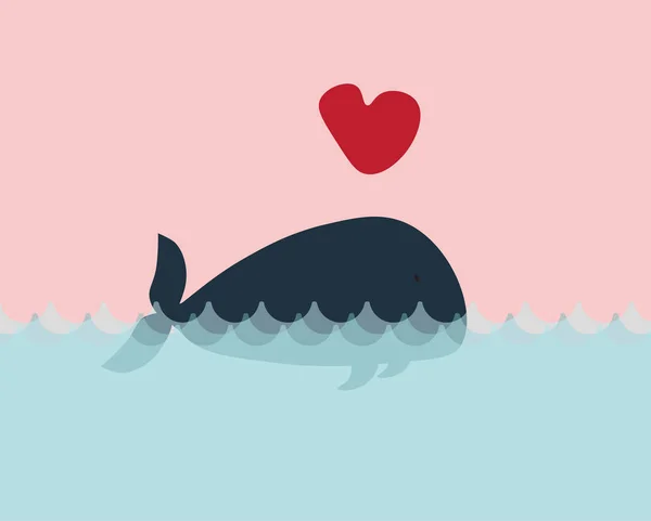 Tarjeta de felicitación con una ballena enamorada. Fondo día de San Valentín — Archivo Imágenes Vectoriales