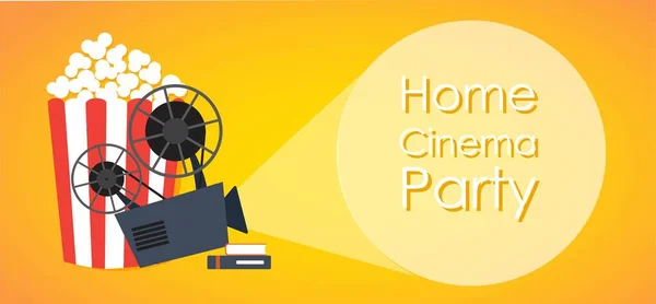 ホーム映画館とともにポップコーンとコピースペース上の黄色の背景. — ストックベクタ