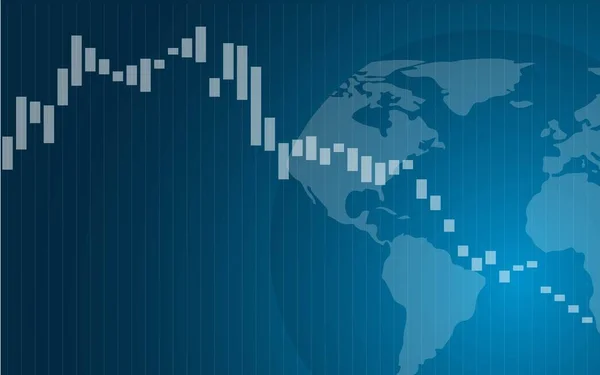 El diagrama de negocios de la disminución sobre el fondo azul del mapa mundial. Ilustración vectorial de la recesión global con espacio de copia EPS10 — Vector de stock