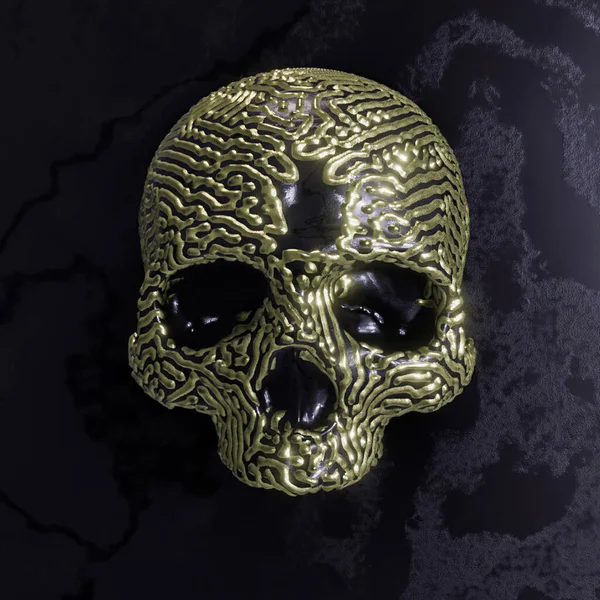 Dark skull with golden pattern - 3D rendering in 25 Mpx resolution