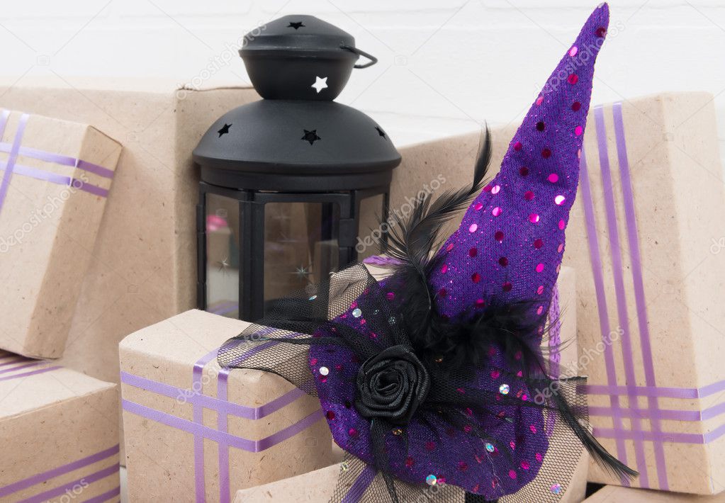 black lantern and purple cap for Halloween