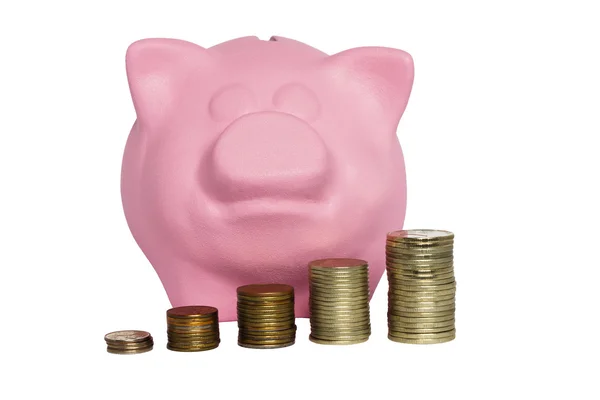 Banco porquinho rosa com moedas — Fotografia de Stock