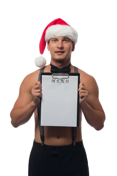 Голый Санта показывает пустое меню на белом фоне — стоковое фото