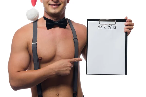 Barman s krásným tělem drží menu pro nový rok na bílém pozadí — Stock fotografie