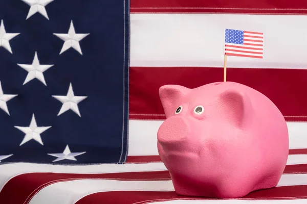 pink money box for Money is worth on background the American flag