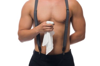 el bir bez çıplak göğüs bir arka plan üzerinde tutar.