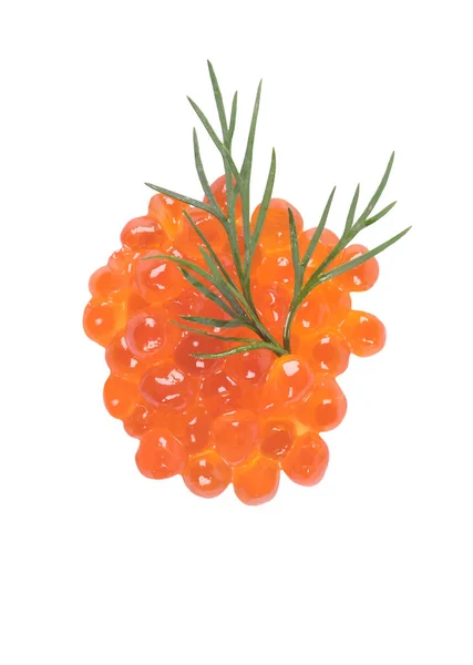 Haufen roter Kaviar und ein Zweig Dill auf weißem Hintergrund — Stockfoto