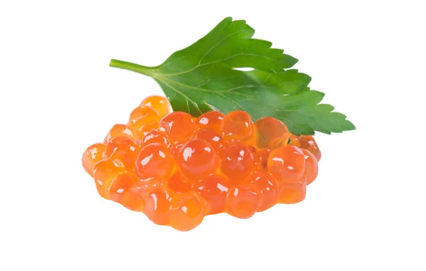 Pila de caviar rojo sobre un fondo blanco con perejil —  Fotos de Stock