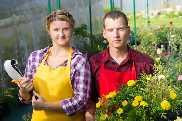 Man and woman keep records of plants in the greenhouse — Stock Photo, Image