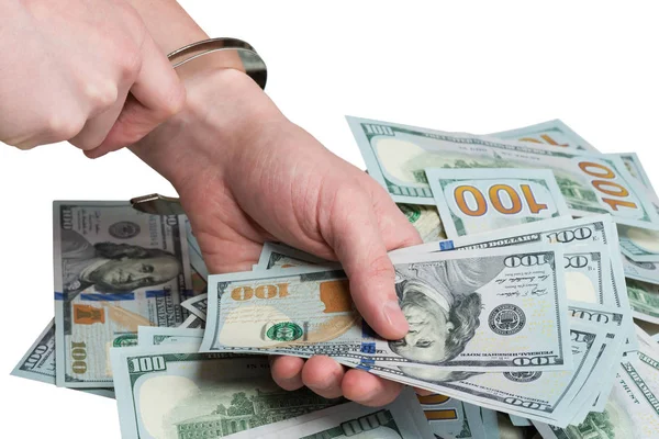 In de handen van slijtage handboeien Dollar smeergeld, wit — Stockfoto